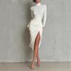 2026 European Women's Spring Pleated High Neck Long Sleeve Maxi Dress - Elegant & Slimming Solid Color Design
