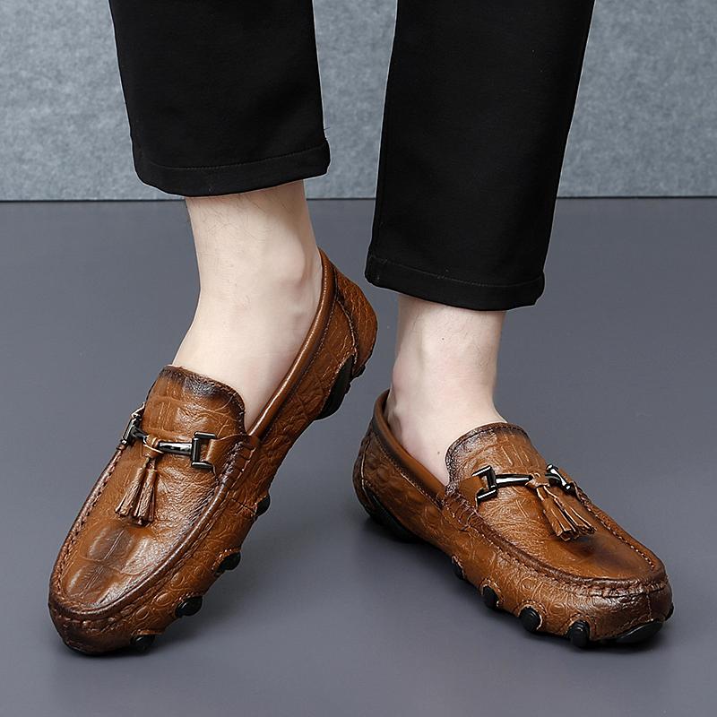 All-match Men Tassel Loafers Outdoor Mens Slip On Shoes High Quality Men Casual Shoe Crocodile Pattern Flats Men Genuine Leather