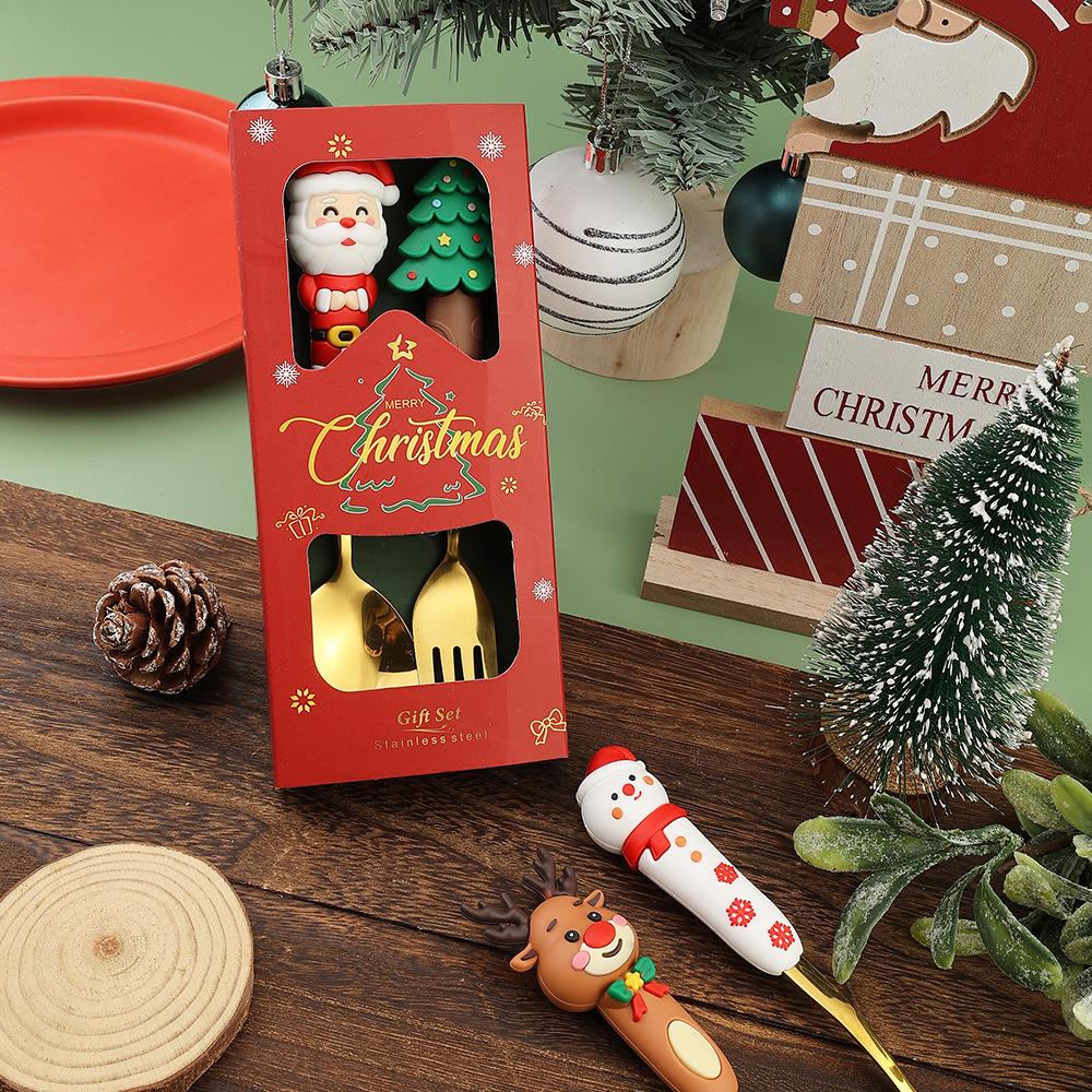 Reindeer Cartoon Christmas Spoon & Fork Set - Cute Stainless Steel Gift in Color Box