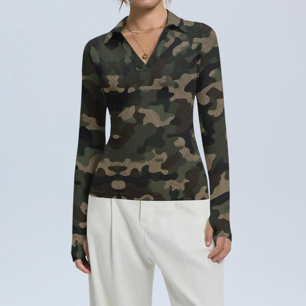 Women's Fashion Casual Print V-Neck Long Sleeve Button-Down Top