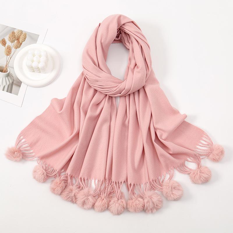 Hot-selling New Solid-color Hairball Imitation Cashmere Scarf In Autumn and Winter, Versatile Fashionable Velvet Thickened Fringed Warm Scarf