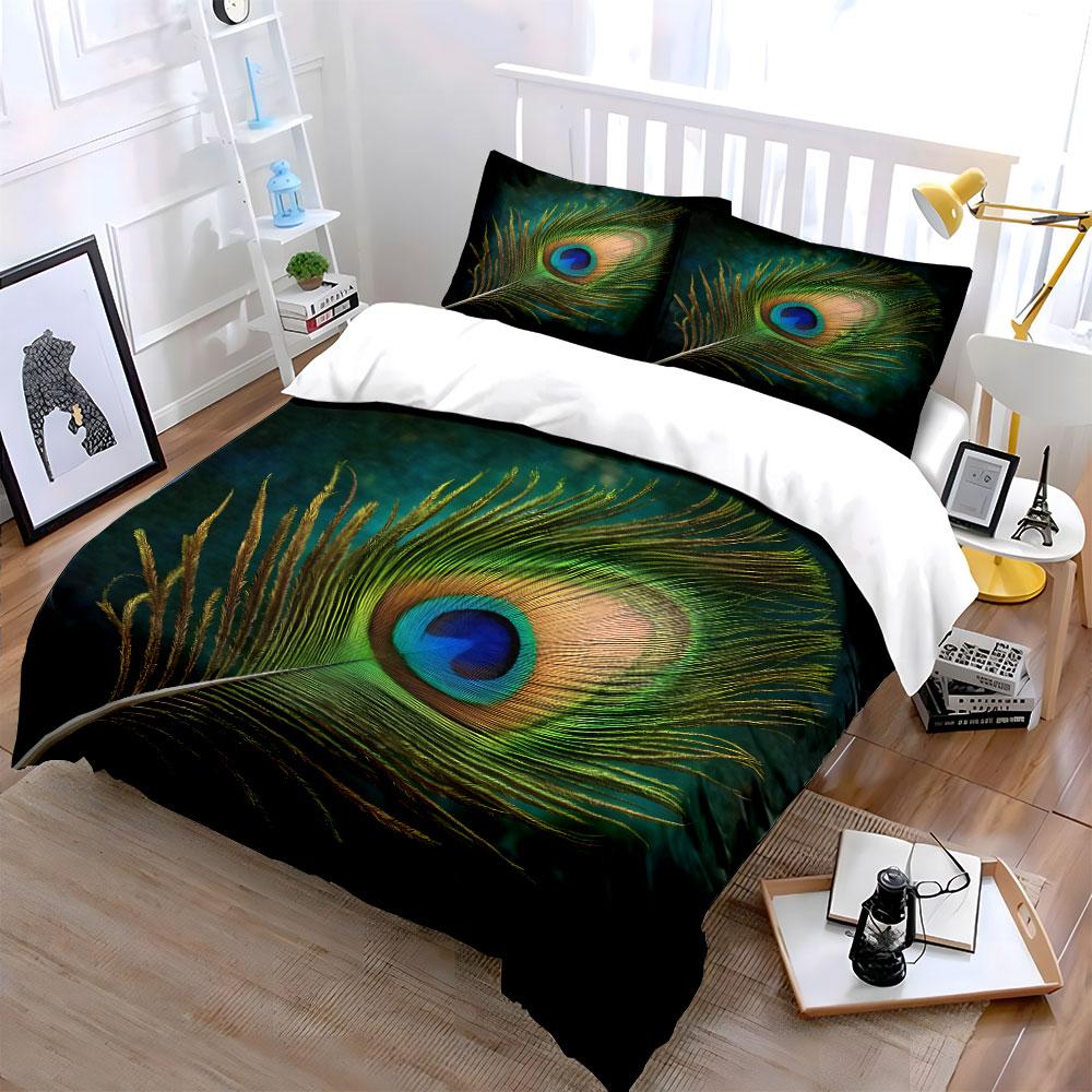 "Elegant Peacock Feather Set Décor" Kid's and Adults' Bedroom Decor, Exquisite Three-piece Bedding Set Gift