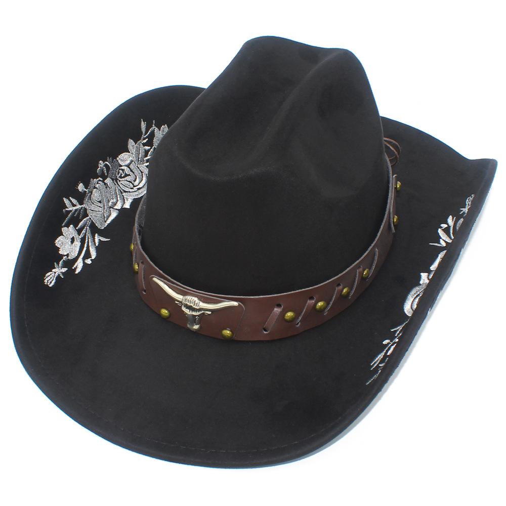 Fashion Embroidered Suede Western Cowboy Hat Big Brim Curved Brim Bull Head Accessories Jazz Hat Men and Women Couple Knight Hat