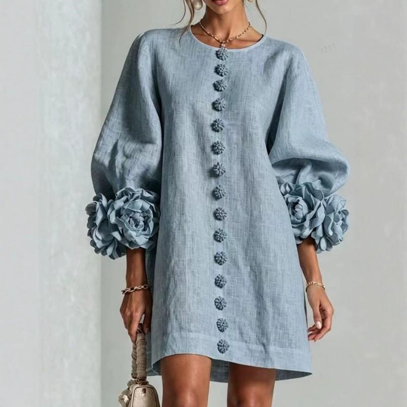 2026 Womens French 3D Flower Button Lantern Sleeve Dress Solid Color Fashion