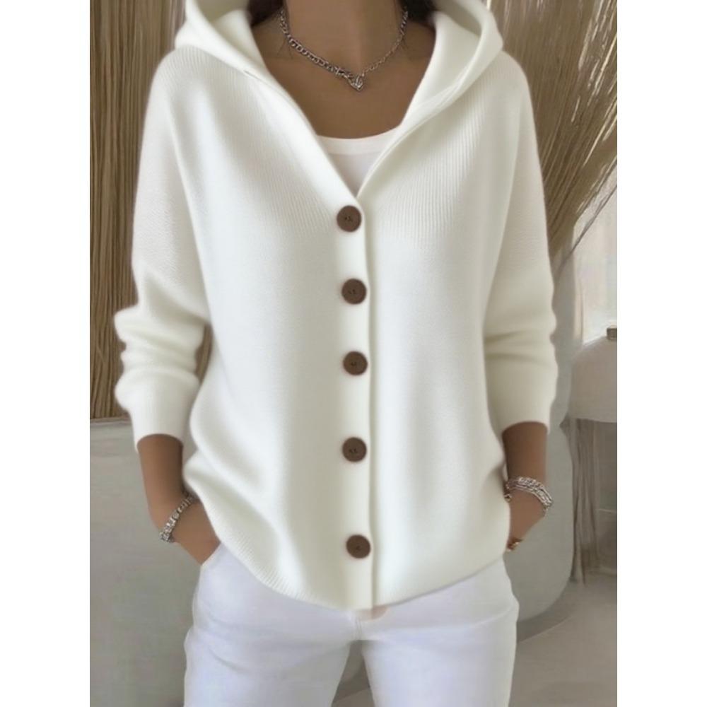 Button-knitted Hooded Sweater Cardigan, New Solid-color Casual and Fashionable Women's Wear for Autumn and Winter