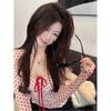 Korean Pink Heart Polka Dot Square Neck Long Sleeve Tee