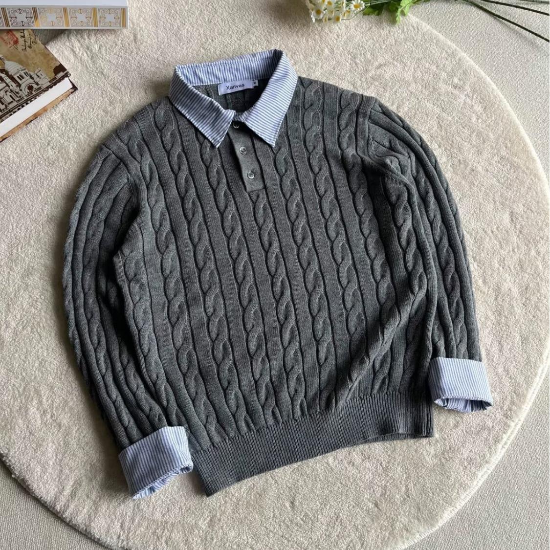 

Unisex Retro V-Neck Cable Knit Two-Piece Sweater, Autumn/Winter Casual Old Money Style 2XL сірий колір