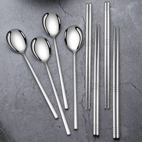 AOOSY 8-Piece Cutlery Set for 4 People, Spoon and Chopsticks, Dishwasher-Safe, Square-Shaped, Korean Style, Stainless Steel with a Mirror Finish and S