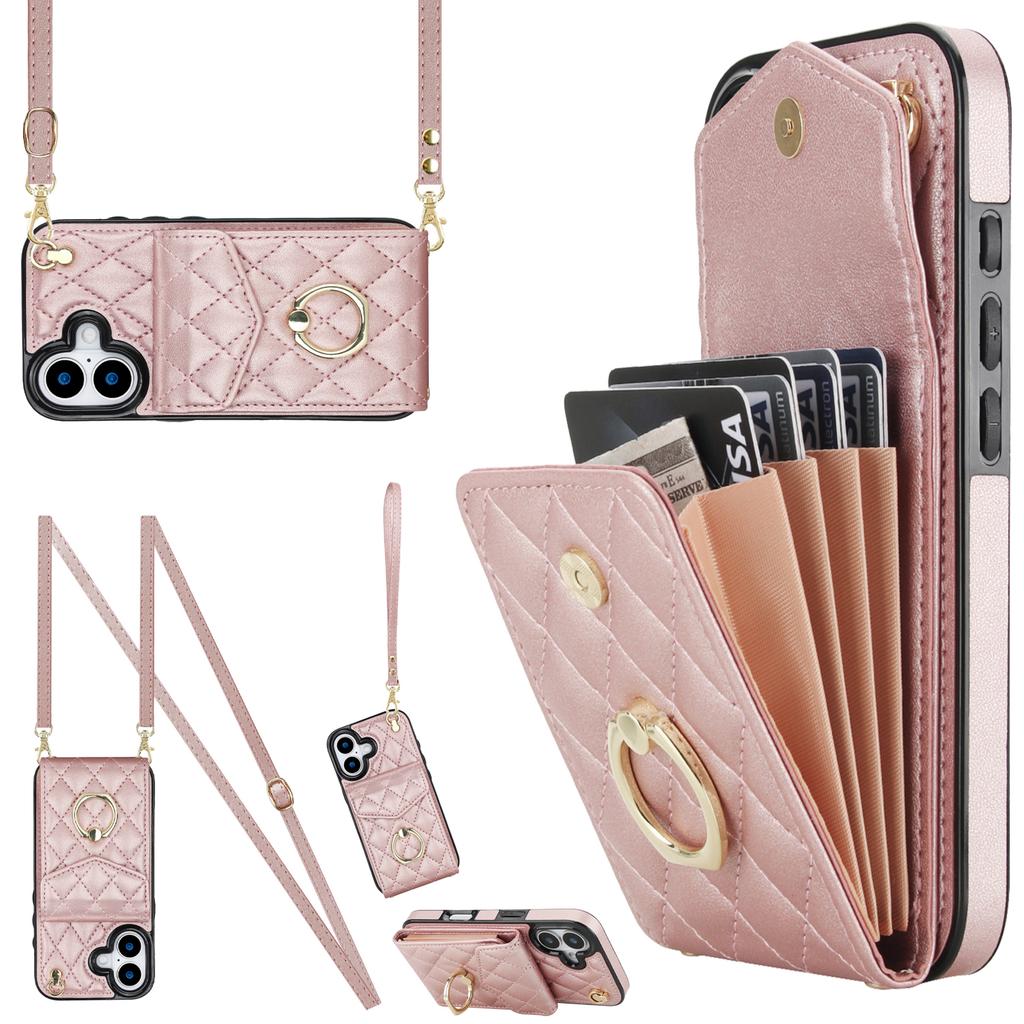 For iPhone 17 Case RFID Blocking Card Bag Leather + TPU Crossbody Phone Cover with Ring Kickstand