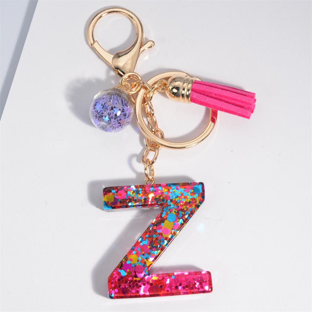 Fashion Tassel Star Ball 26Letters Keychain Colorful Sequins Resin Key Ring for Women Girls Car Handbag Phone Case Pendant Gifts