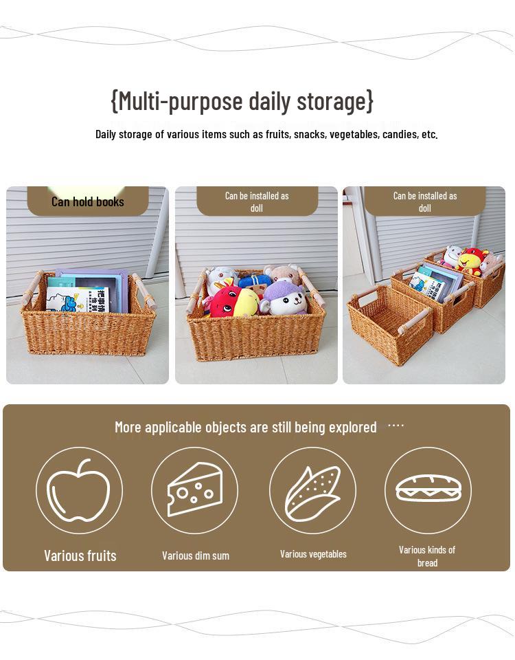 Proutěný pletený koš s dřevěnou rukojetí do obývacího pokoje, na svačinu, do hotelu, na prádlo a pro skladování.