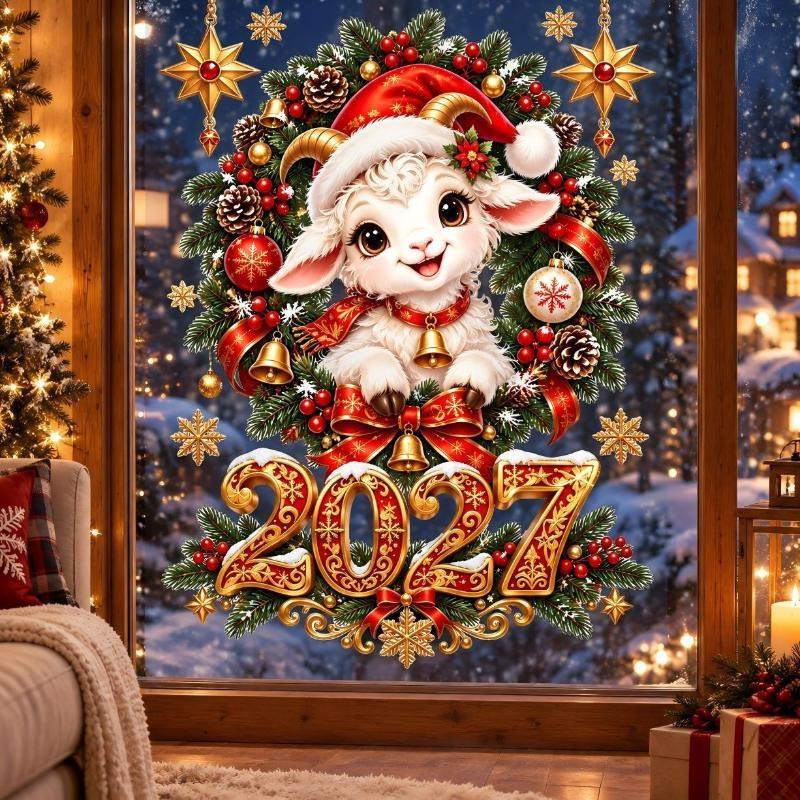 2027 Happy Christmas Decoration Sheep Window Decals Christmas Window Stickers Shopping Mall Showcase Festive Decor