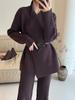 New European and American cross-border design belt, suit collar, knit cardigan, wide-leg pants, casual two-piece set
