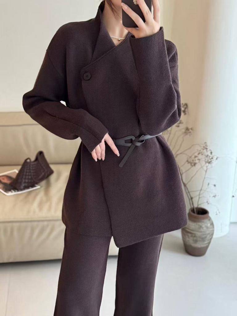 New European and American cross-border design belt, suit collar, knit cardigan, wide-leg pants, casual two-piece set