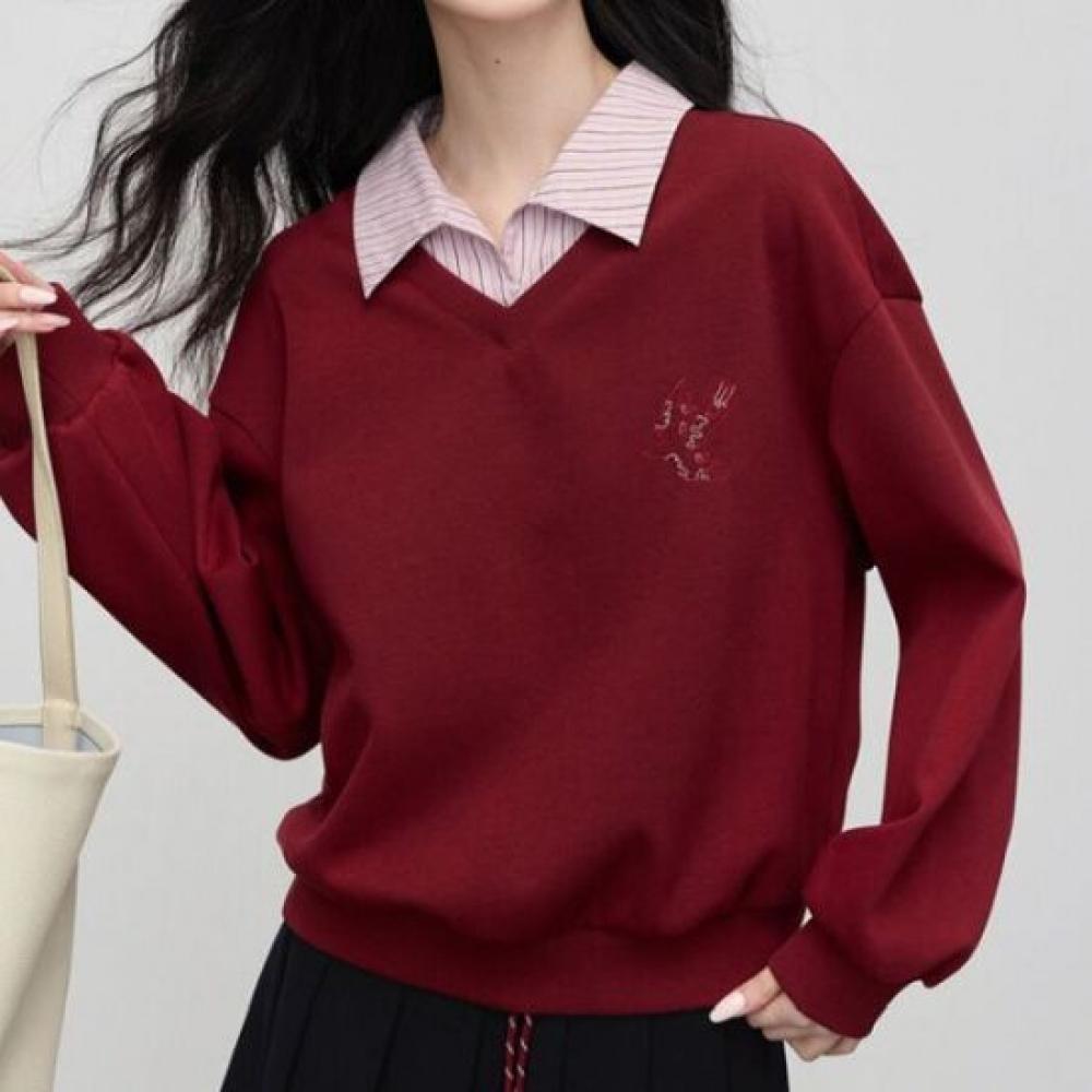 Navava Casual Embroidery Stripe Collar Long Sleeve Sweatshirt Nt3279