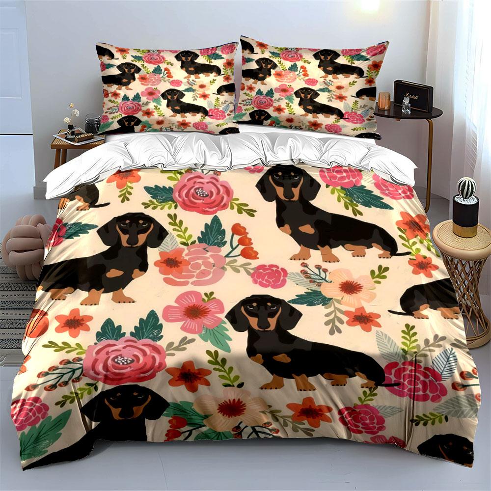 Dachshund Floral Pattern Bedding Set Suitable For Home Decor, Gifting. Exquisite 3-Piece Bedding Set Gift For Kids Adults