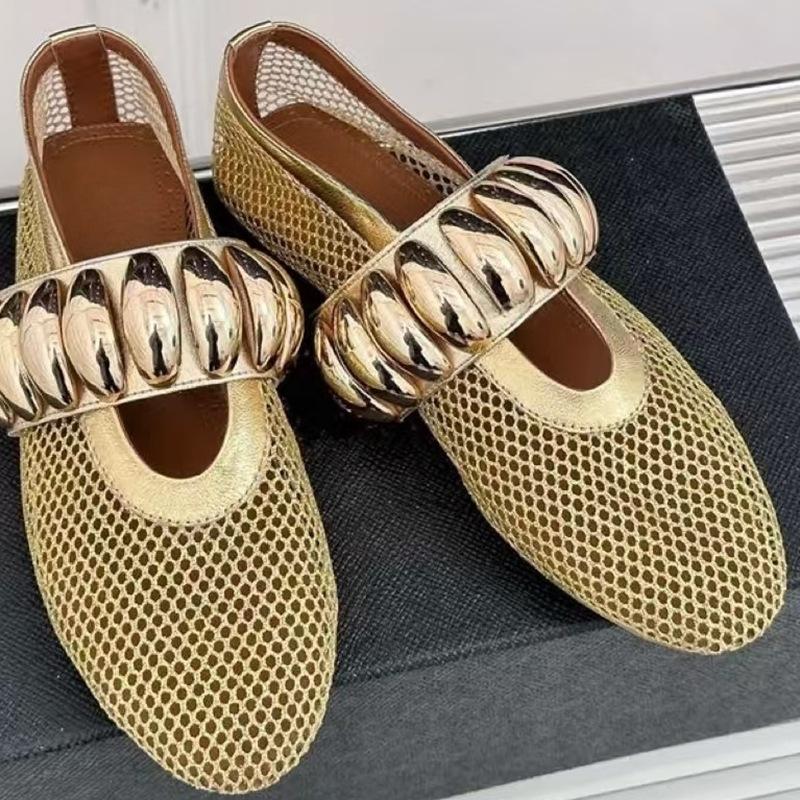 

Простые и модные балетки из металлической сетки, женские дышащие универсальные туфли-лодочки на плоской подошве с круглым носком Мэри Джейн 41 золотой