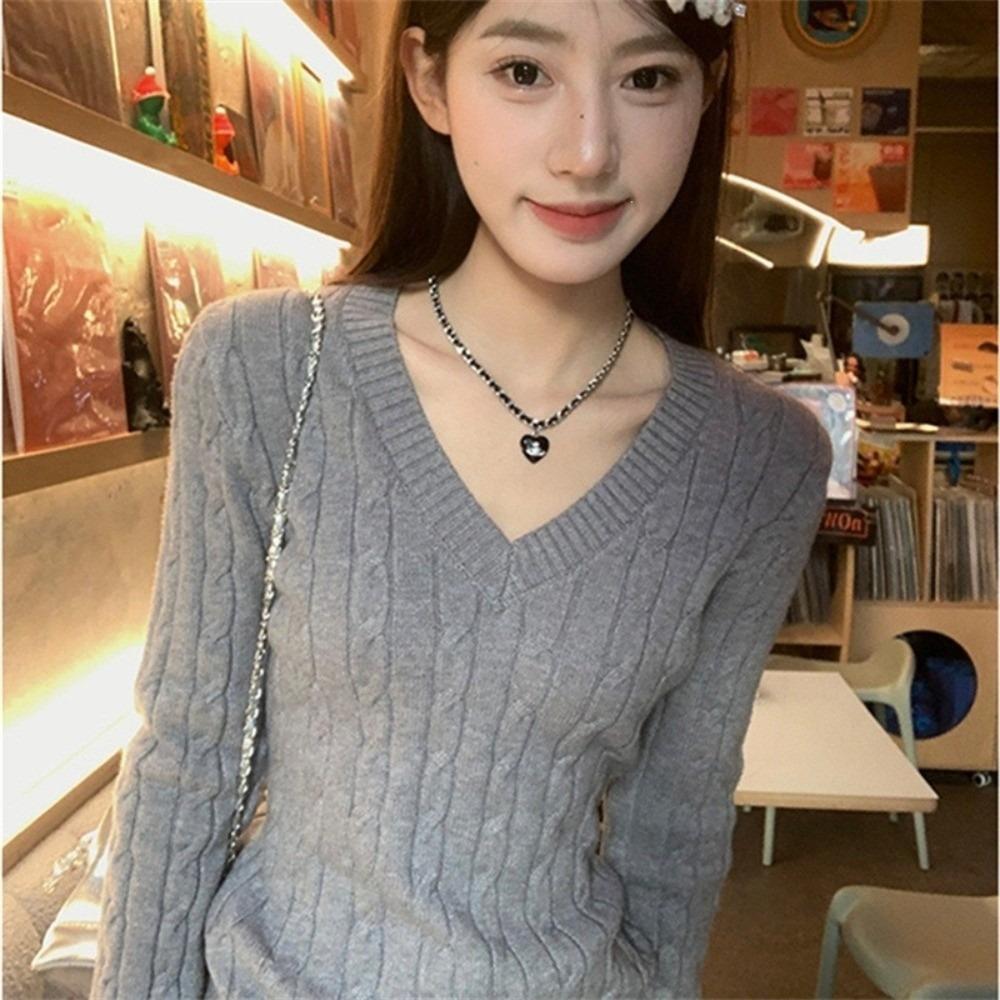 Long Sleeve V Neck Pullover Thick Loose Fit Korean Style Knitwear Fall Winter Sweater Inner Wear