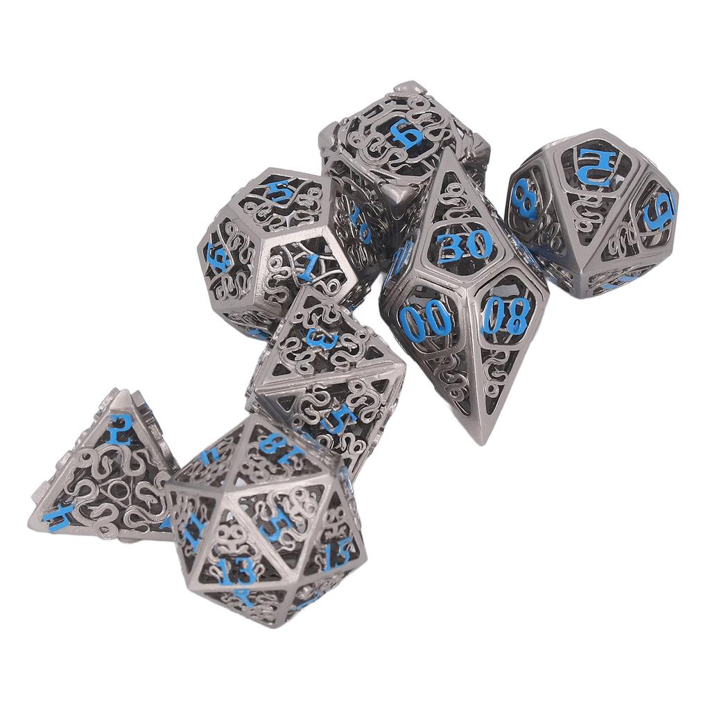 7pcs Hollow Dice Set Brass Rolling Beautiful Polyhedron Dices with Blue Numbers for Games