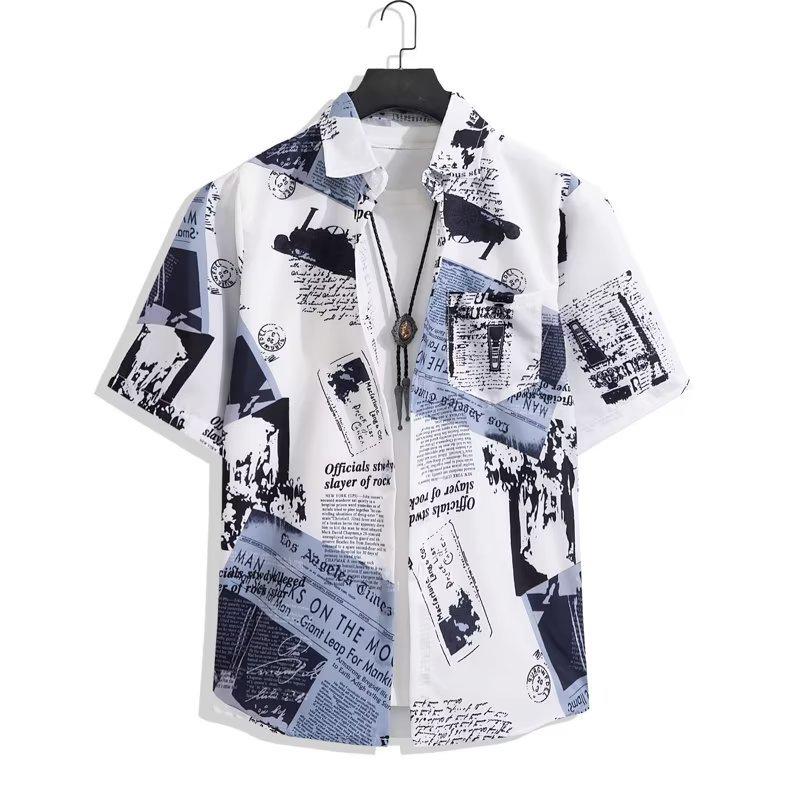 Men's Summer Japanese Trend Newspaper Print Shirt & Floral Beach Shorts Set
