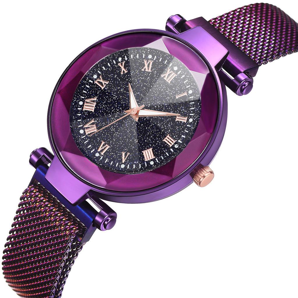 Women Sky Starry Luminous Watch Roman Numerals Quartz Watch Magnet Wristwatch