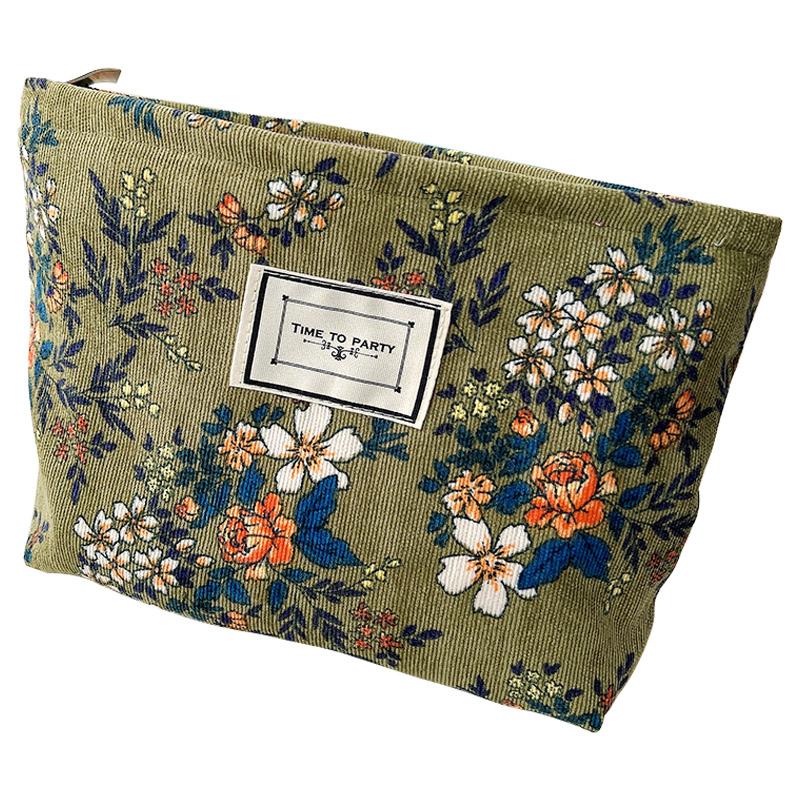 

Дорожня вельветова косметичка з вінтажним квітковим візерунком, гладкою блискавкою, несесер Green Small Flower