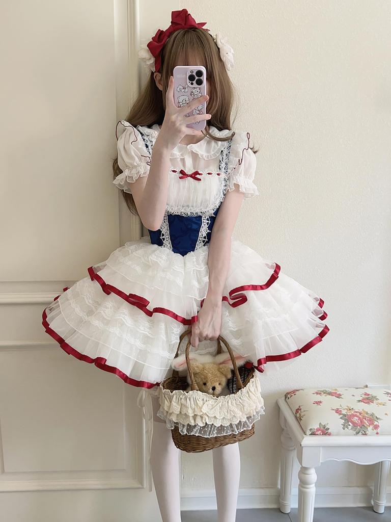 Lolita JSK Jumper Skirt with Dreamy Cute Gothic Lolita Outfit with Ruffles and Mori Idol Light Snow Size M [XHSUKADO] Ribbon, Women's One-Piece Dress,