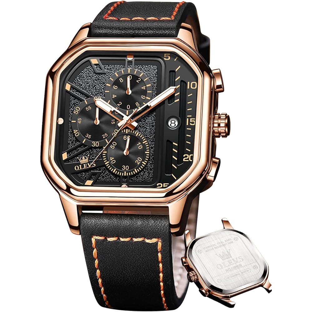 OLEVS Men s Quartz Chronograph Leather Dress Watch Black Waterproof Casual Square Business Wristwatch