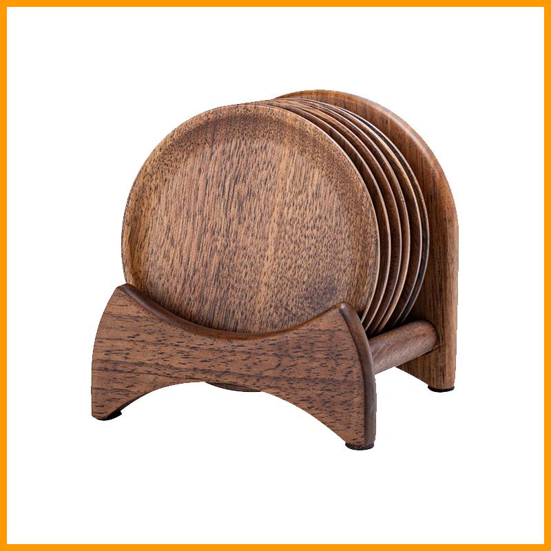 Walnut Wood Cup Mat Coffee Cup Heat Resistant Coaster Set Wooden Cup Pad with Storage Base for Home Kitchen Table Decoration