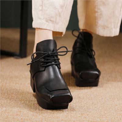 Retro Ankle Boots Pumps Genuine Leather Square Toe Lace-up Women's Platform Shoes