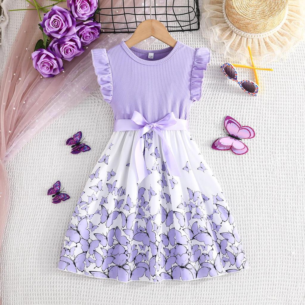 Girls' Sleeveless Butterfly Print Dress & Belt Set