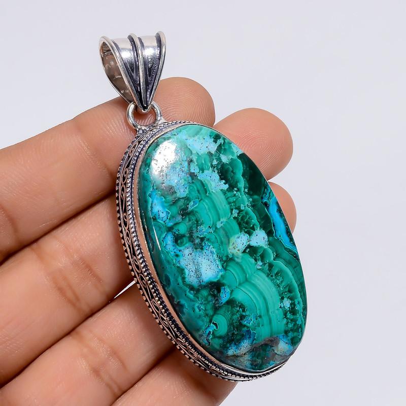 

Beautiful Top Grade Qualite 100% Natural Malachite Chrysocolla Oval Shape Vintage Handmade Jewelry 925 Steling Silver Pendant 2.5 WSJ-4926 2.5