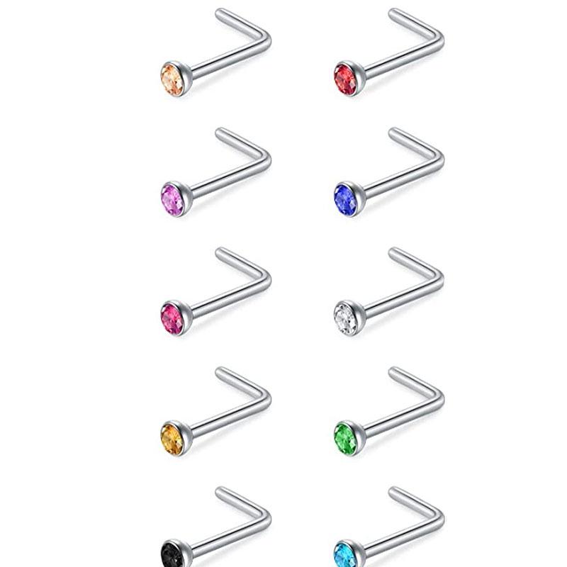 Mixed Color Nose Stud Set: Fish Tail, Inlaid Rhinestone, L-Shaped, & Straight Bar. Hot Selling & In Stock.