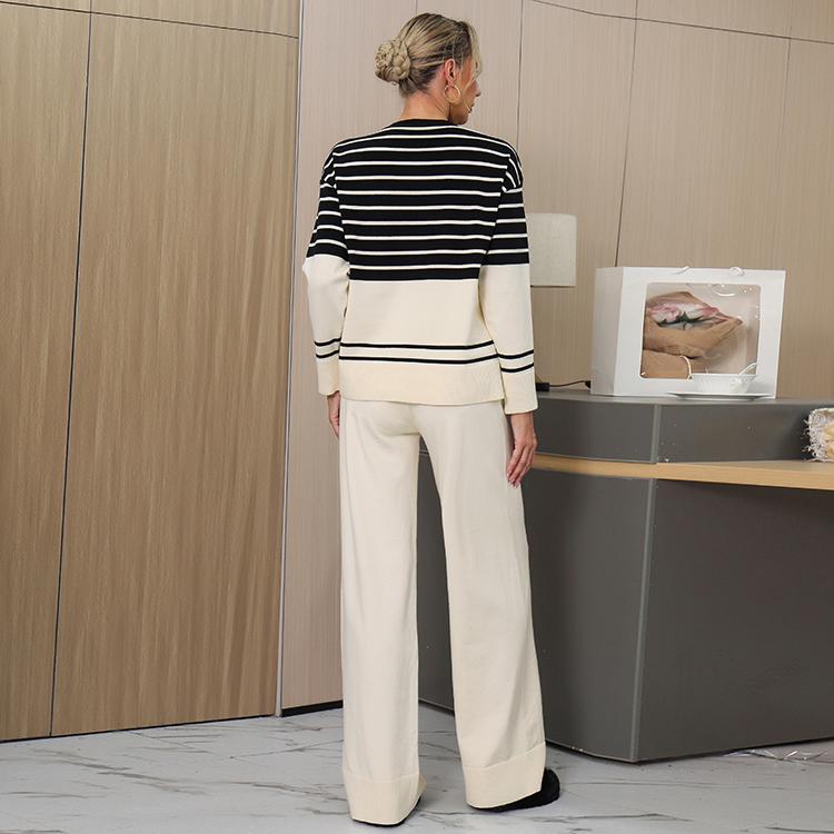 Otoño Invierno Mujer Casual Rayado Punto Suéter Pantalón Conjunto de Dos Piezas Manga Larga Jersey Tops y Pantalón de Pierna Ancha Chándal