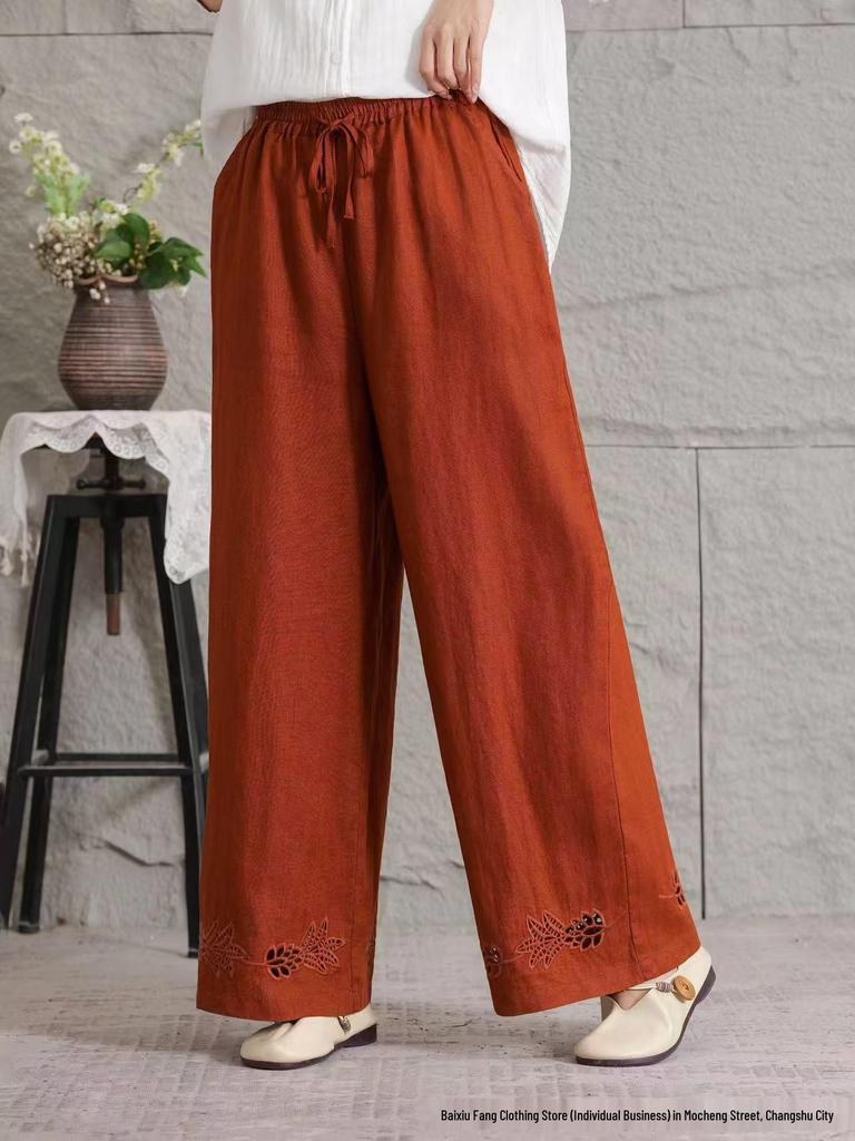 2026 Women's Summer Linen Wide-Leg Straight-Leg Slimming Casual Pants - Lightweight, Breathable, Large Size, Simple Fashion
