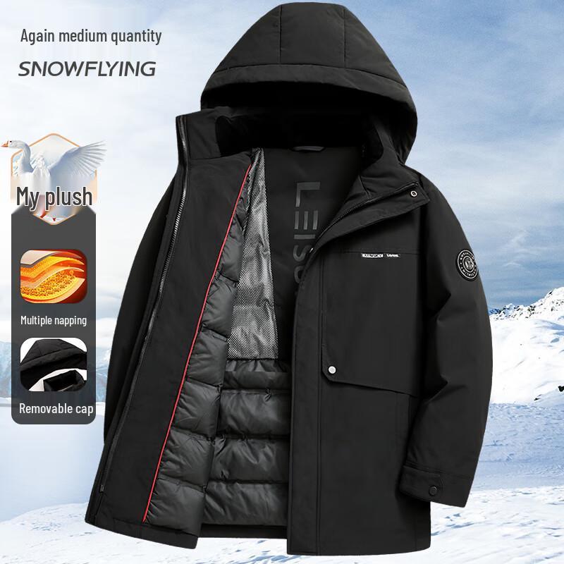 Men s Goose Down Mid-Length Parka with Detachable Hood 4XL