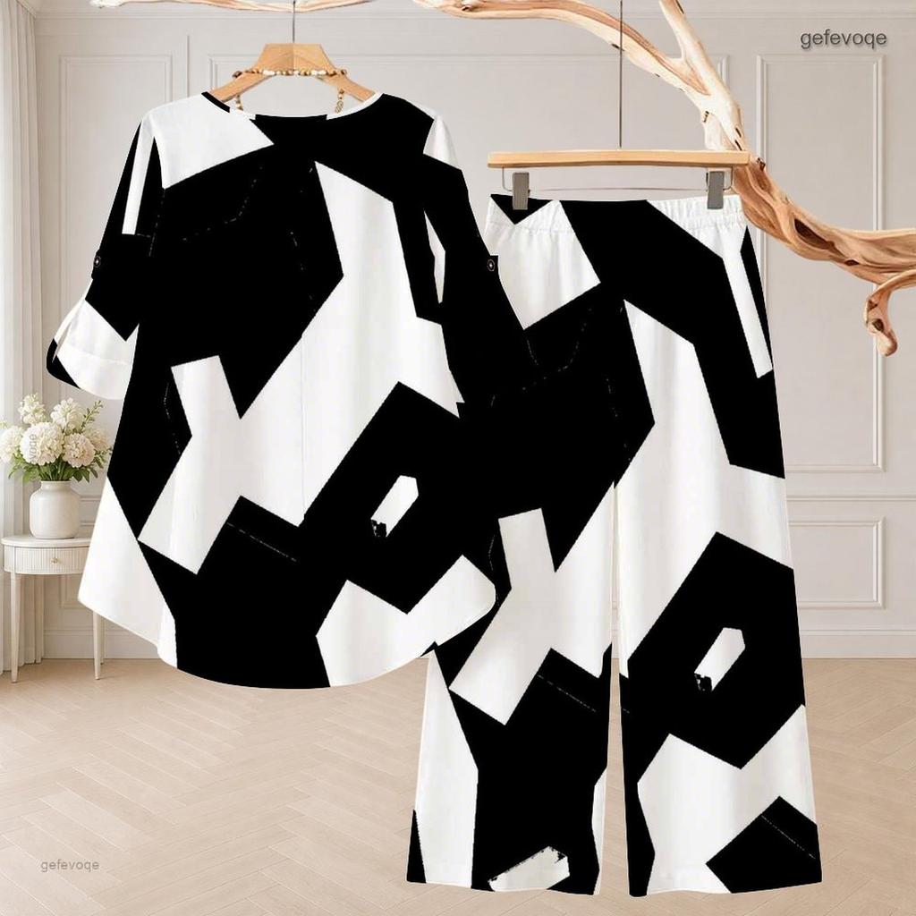 Women Plus Size Black White Printed Round Neck High Low Top And Long Pants Two Piece Set