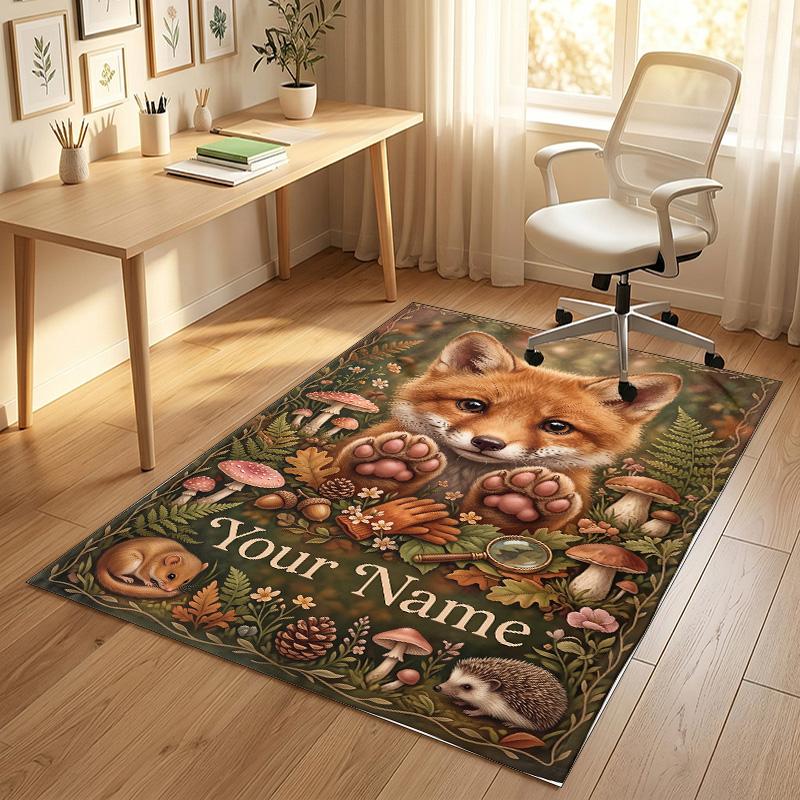 Fox Flowers Theme Soft Crystal Velvet Rug Custom Name & Text Print Non Slip Floor Rug for Bedroom Living Room