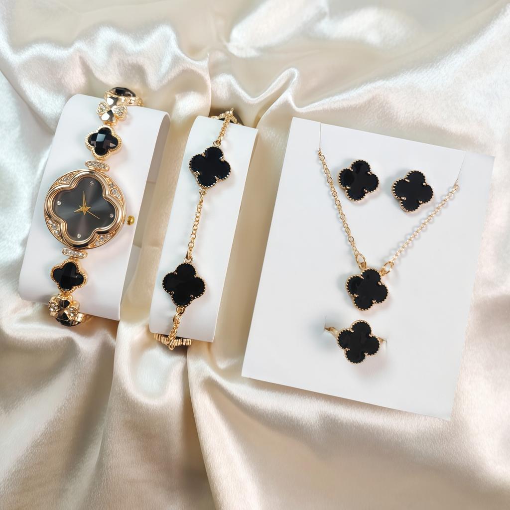 5PCS Women's Clover Minimalist Watch Set Women's Quartz Watch with Bracelet, Necklace, Ring, Earring Gift Box, Luxury Watch