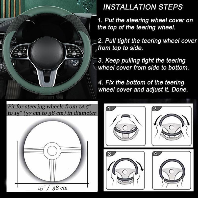Car Steering Wheel Cover Premium Leather Stitched with Breathable Mesh Fabric FIt for 14.5-15 Inch All Seasons Universal