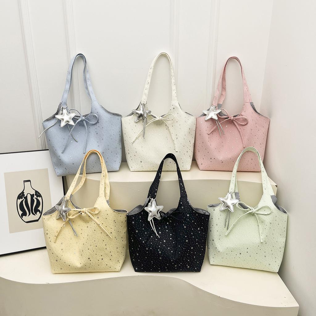 Multi Color Star Glitter Print Canvas Tote Bag For Women Sweet Style Shoulder Bag With Star Charm Bow Knot For Daily School