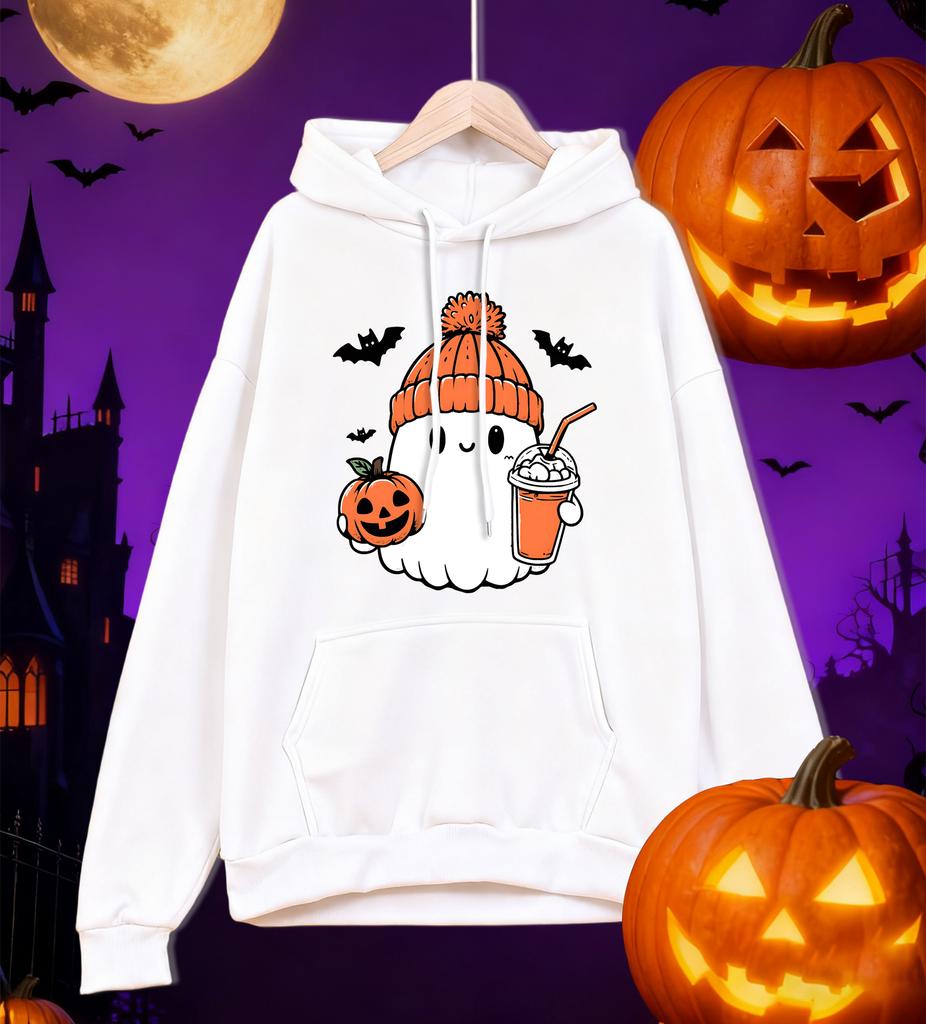 A Cute Ghost Holding A Drink Pattern Mens Hoodies Casual Autumn Pocket Streetwear Loose Hip Hop Pullovers Fleece Man Hoody