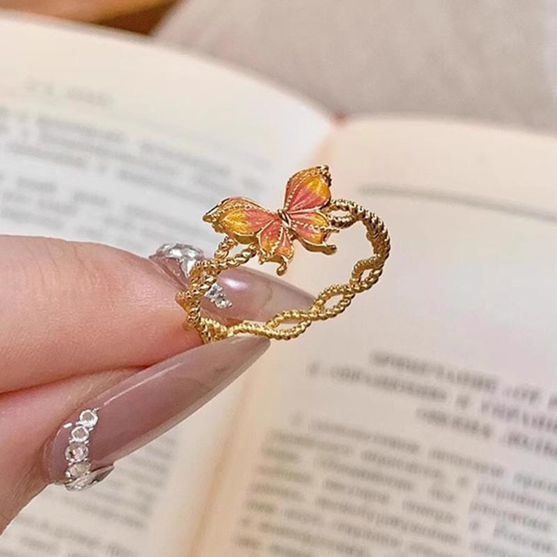 Elegant Vintage Gold Butterfly Ring For Women Featuring Unique Twisted Enamel And Open Design