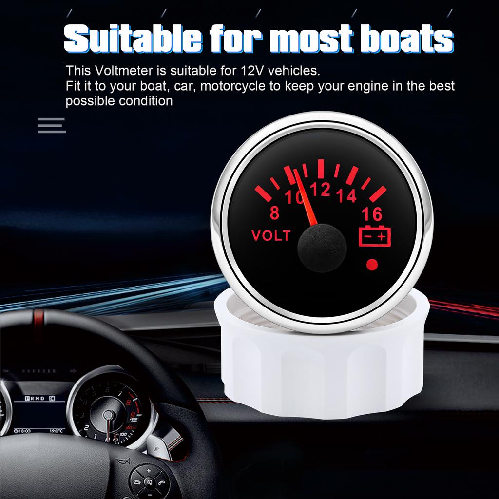 Auto Car Gauge 2" 52MM Voltmeter for Marine Boat Car 8-16V VOLTS IP67 Waterproof Volt Meter Indicator with Red Backlight