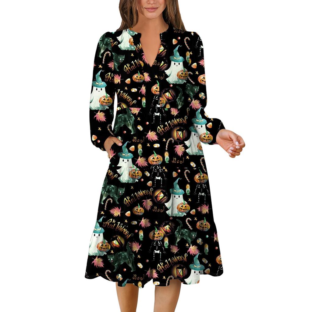 Women's V-Neck Flowing Layered Bohemian Long Sleeve Halloween Print Dress