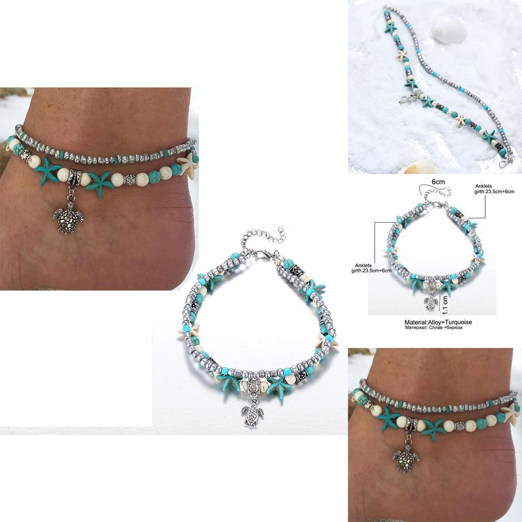 Retro Blue Shell Anklet With Turtle Design For Beach Vacation And Resort