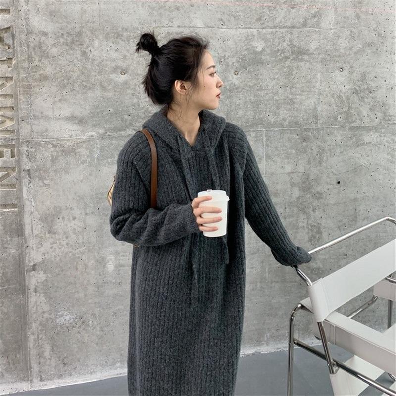 Hooded sweater dress women's autumn and winter new loose and thin medium and long knee thick knitted skirt large size top