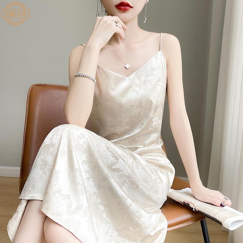 Womens V-Neck Satin Slip Dress With Jacquard High Waist Long Sleeveless
