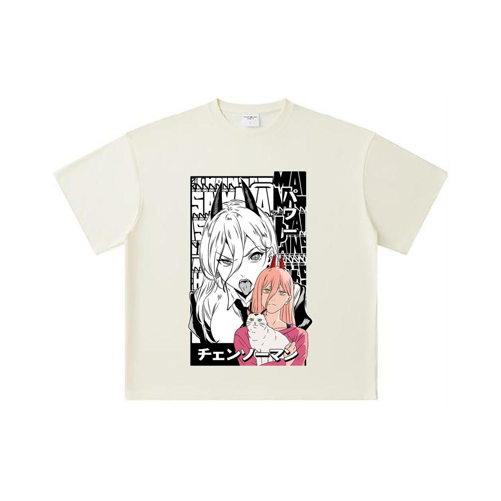 260 GSM Double Yarn 32 Count 100% Cotton Chainsaw Man V57 Power Print Unisex Heavy Cotton T Shirt