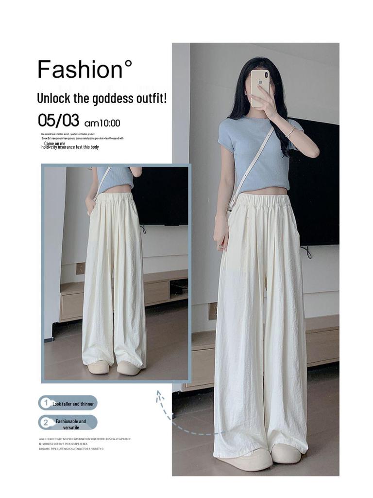 Women's High-Waisted Ice Silk Textured Wide-Leg Pants - Douyin Quality, White, Slimming, 2025 New Arrival